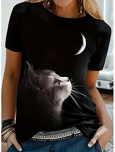  女性用 Tシャツ グラフィック 動物 猫 ヴィンテージ スタイリッシュ クラシック 半袖 クルーネック ラウンドネック レギュラートップス 日常 週末 プリント ブラック ホワイト ブルー ゴールド グリーン 夏 春