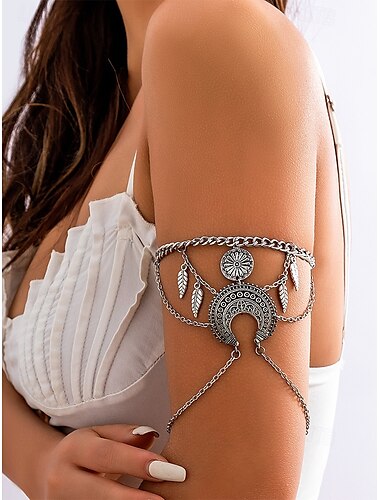  Türkises Armreif-Armband für Damen im Bohemian-Stil – Tribal-Blattkettenschmuck mit Mondmedaillon für Festivals, Sommerpartys und Strandbekleidung