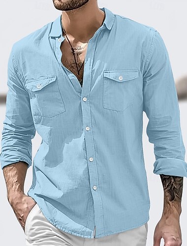 Herren Hemd Leinenhemd Sommerhemd Strandbekleidung Knopfhemd Einfarbig Urlaub Straße Weiß Grün Khaki Leicht Blau Langarm Umlegekragen Sommer Bekleidung Tasche