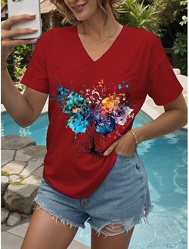  Damen T Shirt Grafik Tiermotiv Schmetterling Vintage Stilvoll Klassisch Kurzarm V Ausschnitt Normale Oberteile Täglich Ausgehen Wochenende Druck Schwarz Weiß Gelb Rosa Rote Sommer Frühling