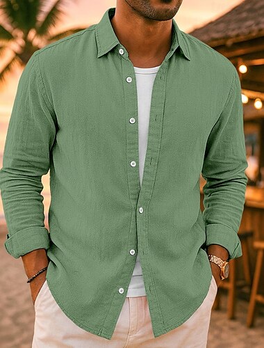  Homme Chemise en lin Chemise d'été Tenue de plage Chemise Décontractée Chemise Boutonnée Uni Vacances Occasionnel Noir Blanche Rose Claire bleu marine manche longue Revers N / C Vêtement Tenue Pur