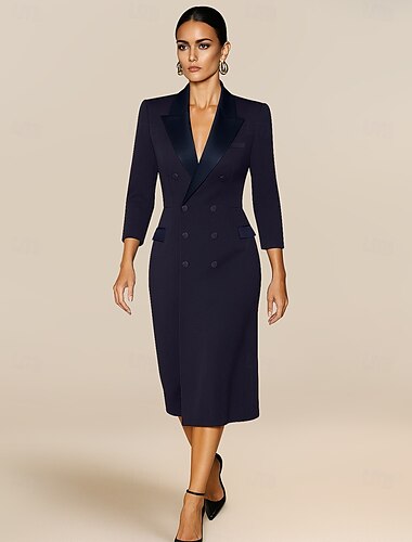  Schmal  Säule Blazer-Kleid Brautmutter Kleid Elegant Tuxedo-Kleid Einfach Minimalistisch V-Ausschnitt Satin Revers Bodenlange Stretchkrepp 3/4 Lange Ärmel mit verdeckten Knöpfen und Taschen 2025