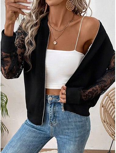  Femmes Vest Bomber Confortable Respirant Dentelle Patchwork Fermeture éclair Avec Poches Élégant Occasionnel Uni Vacances Rue Occasionnel Tenue quotidienne Fermeture éclair Régulier Col montant Coupe