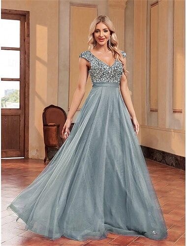  Γραμμή Α Φορέματα Quinceanera Κομψό Φόρεμα Επίσημο Γάμου Μακρύ Αμάνικο Λαιμόκοψη V Τούλι V Πίσω με Πούλιες 2025