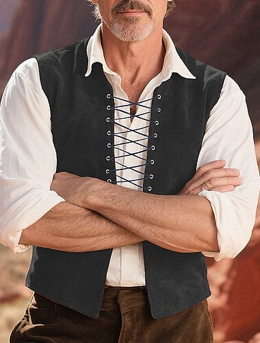  Herren Weste aus Wildlederimitat Weste Gilet Outdoor Täglich Vintage Frühling Herbst Schnürung Polyester Bequem Einfach V Ausschnitt Normale Passform Dunkelbraun Schwarz Wein Marineblau Weste