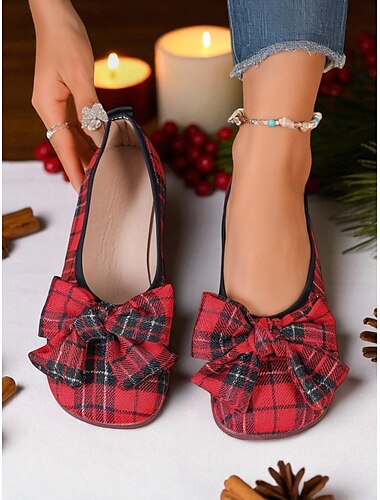 Ballerinas mit roter Schottenkaro-Schleife für Damen – Festtags-Ballerinas für Weihnachtsfeiern, Teepartys im Garten und gemütliche Abende