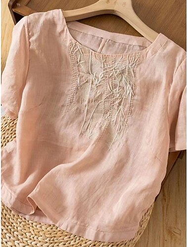  Damen Baumwoll-Leinen-Hemden Einfarbig Elegant Stilvoll Basic Kurzarm Rundhalsausschnitt Normale Oberteile Täglich Bestickt Rosa Purpur Aprikose Sommer Frühling