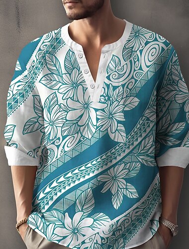  Herren Polynesisch Stammes Blumendruck Hemd Henley Hemd Tunika Langarm Vintage-Retro Outdoor Urlaub Täglich Sommer Frühling V Ausschnitt Knopf hoch 3D-Druck Leinenähnliches Hemd Gelb Rote Blau