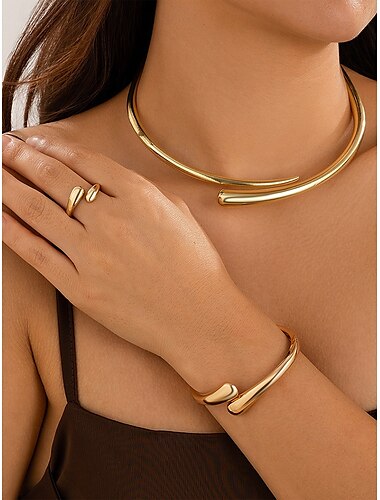  Elegantes Damen-Set aus Halskette, Armband und Ring in Gold und Silber, schlichter Schmuck mit offenem Design für modebewusste Frauen, geeignet für Partys, das Büro und stilvolle Alltagslooks