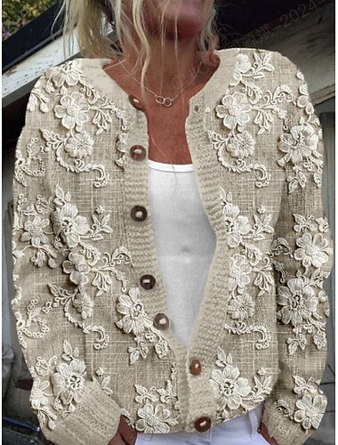  Damen Pullover Strickjacke Elegant Vintage Mode Blumen Rundhalsausschnitt Tasche Gestrickt Druck Langarm Normale Oberteile Stricken Outdoor Täglich Wochenende Purpur Grün Herbst Winter