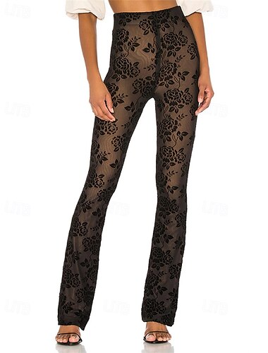  Damen Stoffhosen Hosen Hose Mode Streetwear Volle Länge Natürliche Taille Blume Durchsichtig Bequem Mikroelastisch Party Alltagskleidung Schwarz Sommer Frühling Normale Passform