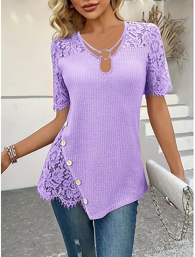  Femmes Chemisier Couleur Unie Élégant Occasionnel Manche Courte Col en V Hauts Réguliers Quotidien Fête Dentelle Boutons Violet Vert Kaki Été