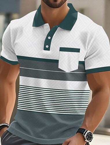  Herren Streifen Polo Kurzarm Polo-Shirts Hemden mit Kragen Business-Casual Outdoor Athleisure Alltagskleidung Tasche 3D-Druck Knöpfe Sommer Blau Braun Grün