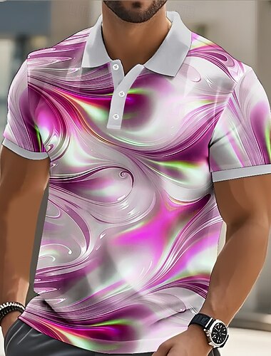  Herren Abstrakt Geometrisch Polo Kurzarm Polo-Shirts Revers Business-Casual Geschäft Athleisure Alltagskleidung Knöpfe 3D-Druck Sommer Gelb Rosa Blau