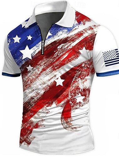  Amerikanischer Unabhängigkeitstag Herren Amerikanische US-Flagge Poloshirts mit Reißverschluss Kurzarm Polo-Shirts Hemden mit Kragen Lässig Athleisure Alltagskleidung 3D-Druck Sommer Weiß Rote Blau