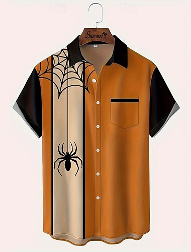  Herren Spinne Farbblockierung Hemd Sommerhemd Knopfhemd Kurzarm Modisch lässig Outdoor Urlaub Alltagskleidung Sommer Frühling Umlegekragen 3D-Druck Hemden mit Kragen Eine Tasche vorne Orange