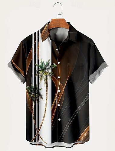 Herren Kokospalme Wellen Hemd Sommer Hawaiihemd Knopfhemd Kurzarm Hawaiianisch Ferien Strandbekleidung Sommer Frühling Umlegekragen 3D-Druck Hemden mit Kragen Eine Tasche vorne Schwarz