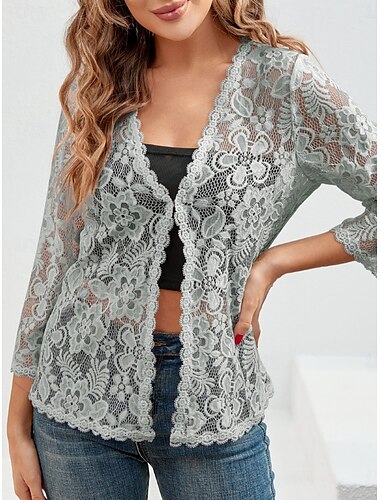  Damen Spitzenbluse Einfarbig Elegant Stilvoll Basic Langarm V Ausschnitt Normale Oberteile Täglich Spitze Patchwork Schwarz Weiß Rote Grau Sommer Frühling