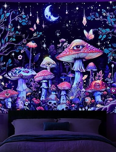  Blacklight teppe som lyser i mørket glow party UV reaktiv trippy tåkete sopp naturlandskap hengende teppe veggkunst mural stue soverom