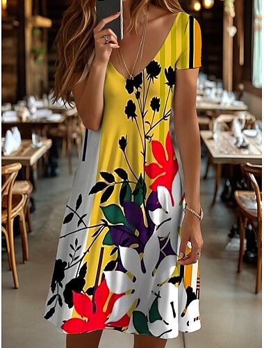  Damen Minikleid T-Shirt-Kleid Sommerkleid Urlaub Lässig Strand Täglich Ausgehen Normale Passform Blumen Grafik Geometrisch Kurzarm V Ausschnitt Gelb Blau Purpur Orange Sommer