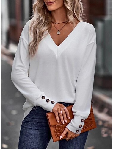  Femmes Chemisier Couleur Unie Élégant Occasionnel manche longue Col en V Hauts Réguliers Quotidien Boutons Noir Blanche Vin Vert Véronèse bleu marine Printemps Automne
