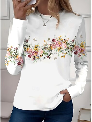  Damen T-Shirt Langarm Rundhals Langarm Tunika Ocean Lässig Normal Tops Täglicher Ausgehen Wochenenddruck Weiß  Schwarz schwarz+weiß+blau Weiß Pink Rot Vorsaison
