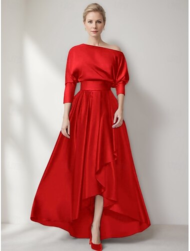  Rochie de Seară A-Line Rochie Elegantă Formală de Nuntă Asimetrică Mâneci Lungi Un Umăr Buzunar Satin cu Falduri Crapă