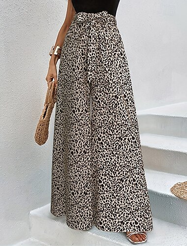  Damen Weites Bein Hosen Hose Streetwear Lässig Lang Hohe Taille Leopard Elastischer Bund Atmungsaktivität Weich Mikroelastisch Urlaub Straße Alltagskleidung Braun Sommer Normale Passform
