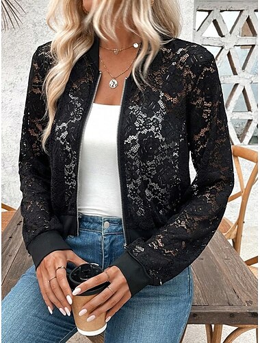  Damen Bomberjacke Bequem Atmungsaktiv Spitze Patchwork Reißverschluss Elegant Lässig Einfach Urlaub Straße Lässig Alltagskleidung Reisverschluss Kurz Stehkragen Normale Passform Langarm Oberbekleidung