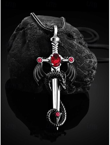 Gothic-Halskette mit Drachenschwert-Anhänger für Herren mit roten Edelsteinen – Vintage-Stil, perfekt für Halloween-Partys und Gothic-Events