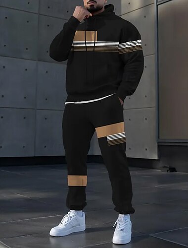 Férfi Színes 2db 3D pulóver készletek Tracksuit Kapucnis pulóver Hosszú ujj Hosszú nadrág Kapucni Alkalmi Napi Sportruházat 3D nyomtatás Tavasz Ősz Tél Fekete