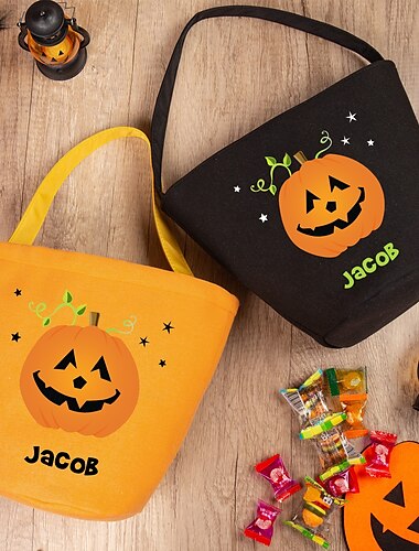  Borsa per dolcetti di Halloween con nome personalizzato per bambini, cestino di caramelle personalizzato per dolcetto o scherzetto, sacco regalo in iuta con motivo di zucca disegnata a mano,
