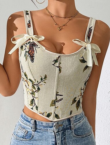  Retro Antiguo Medieval Renacimiento Faja Chaleco corpiño Feria del Renacimiento Floral Jacquard Cuello de corazón Mujer Celta Fantasía Víspera de Todos los Santos Carnaval Fiesta Casual Diario LARP