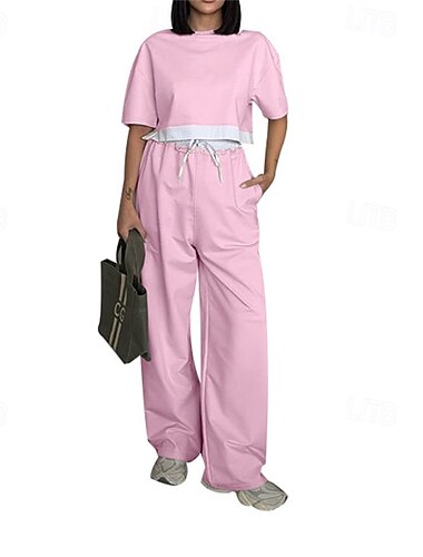  Damen Trainingsanzug Hose mit weitem Bein Athleisure Herbst Langarm Winddicht Fitnessstudio Training Sport Sportbekleidung Sportkleidung Einfarbig Schwarz Rosa Burgund