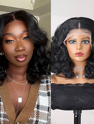  Синтетический парик шнурка Блестящий завиток Стиль 12 дюймовый Черный Средняя часть 13x4 Кружева Фронт Парик Жен. Парик Черный