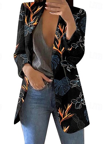  Damen Blazer Bequem Druck Elegant Mode Lässig Blumen Ausgehen Alltagstauglich Strickjacke Regulär Revers Normale Passform Langarm Oberbekleidung Schwarz Weiß Rosa Frühling Herbst