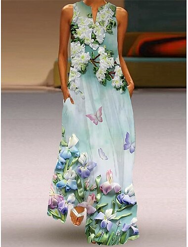  Damen Maxikleid Sommerkleid A Linie Kleid Urlaub Lässig Boho Ferien Lässiger Schnitt Ombre Blumen Grafik Ärmellos V Ausschnitt Einkerbiger Ausschnitt wasserblau Salbeigrün Lila Sommer Frühling
