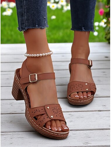  Damensandalen mit ausgehöhltem Schnallenabsatz – atmungsaktives Retro-Sommerschuhwerk für Verabredungen im Garten, die Arbeit und Ausflüge aufs Land