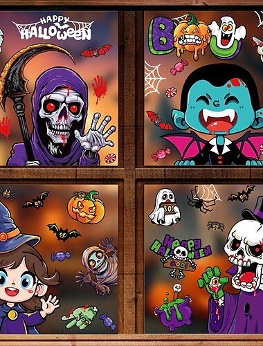  4 Sheets Halloween Window Cling Sticker Decals Decorations Double Side, Skull Pumpkin Witch Ghost Bat Grim Reaper Happy Halloween Static Stickers for Glass Decor