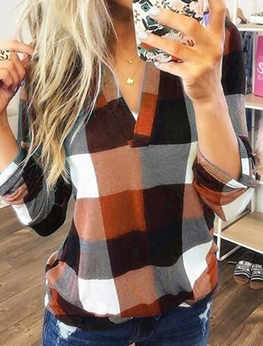  Damen Hemd Bluse Karomuster Modern Lässig Langarm V Ausschnitt Normale Oberteile Ferien Ausgehen Gelb Rote Purpur Orange Grün Herbst