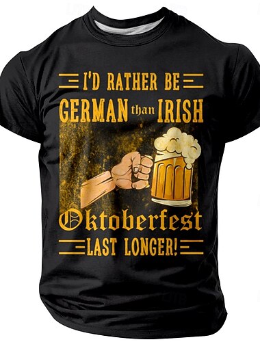  Camiseta Masculina Curta com Estampa Engraçada de Cerveja do Oktoberfest 'Eu Preferiria Ser Alemão do Que Irlandês Dura Mais'