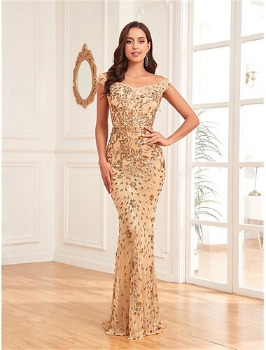  Sellő  Trumpet Quinceanera Ruhák Elegáns Ruha Formális Esküvő Padlóhosszú Ujjatlan Off Shoulder Flitteres Flitterekkel