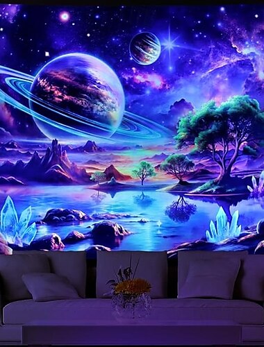  Tenture UV Réactive Noir Lumière Brille dans l'Obscurité Fête Brillante Galaxie Psychédélique Champignon Brumeux Nature Paysage Tenture Murale Art Mural pour Salon Chambre