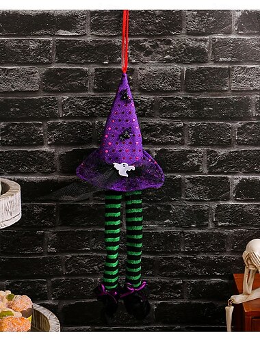  halloweeni boszorkány függő dekoráció, csíkos hosszú lábú kirakat kellék, hátborzongató bárparti hangulat dekoráció