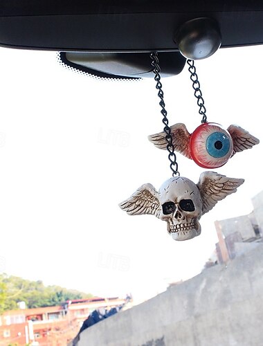  2 decorazioni di Halloween da appendere all'auto, testa di fantasma a forma di ala di diavolo con occhi maligni, ornamenti spettrali per interni auto per creare l'atmosfera di Halloween