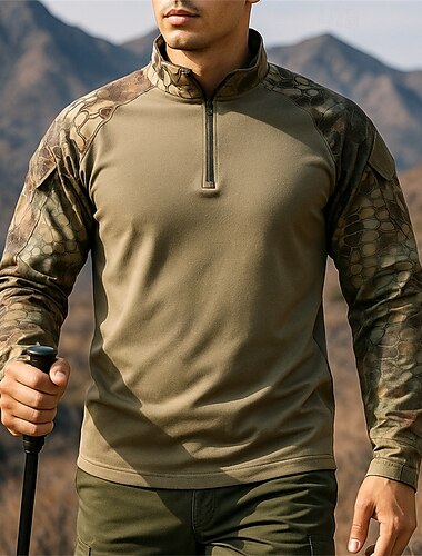  Herren Polo-Sweatshirt Wanderspitze Langarm Stehkragen Oberteil Außen Atmungsaktiv Schnelltrocknend Leicht Elastisch Viertelreißverschluss Pullover Polyester Tarnung Armeegrün Leicht Braun Khaki