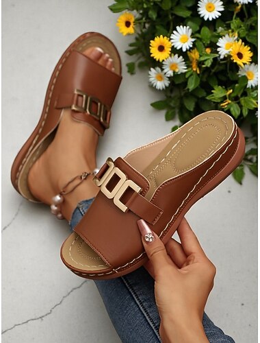  Vita sandaler i konstläder med guldfärgat spänne för kvinnor, avslappnad stil för trädgårdspromenader, semester och dagliga ärenden