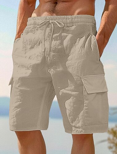  Herren Cargo-Shorts Shorts Leinenshorts Sommershorts Strandshorts Elastischer Bund Kordelzug Mehrere Taschen Einfach Knielang Outdoor Strand Urlaub Hawaiianisch Schwarz Weiß Unelastisch