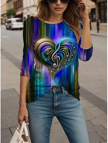  Damen T Shirt Herz Grafik Geometrisch Elegant Vintage Mode Langarm Rundhalsausschnitt Rundhals Normale Oberteile Täglich Ausgehen Wochenende Druck Gelb Rote Blau Purpur Grün Sommer Frühling