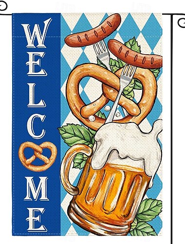  Oktoberfest Gartenflagge Deutsches Bayerisches 12 x 18 Zoll Gartenflaggen kleine Gartenflaggen für draußen Außenfahnen Bierdesign weiß blau kariert Feiertagsgartenflaggen
